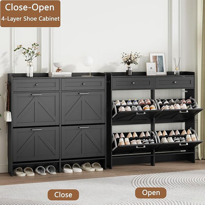 Shoe Cabinet with 4 Flip Drawers & 2 Top Drawers, 43" Tall Freestanding Narrow Wooden Shoe Storage Organizer for Entryway, Hidden Slim Shoe Rack for Front Door Entrance, Hallway, Living Room, Black
