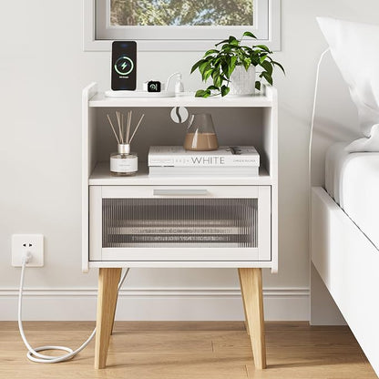MMEOLUOOK Nightstand with Charging Station, Bedside Tables with Glass Decorative Door, End Table Side Table with 2 Tiers Storage Space, for Bedroom, Living Room, White CAMLBZ07WE