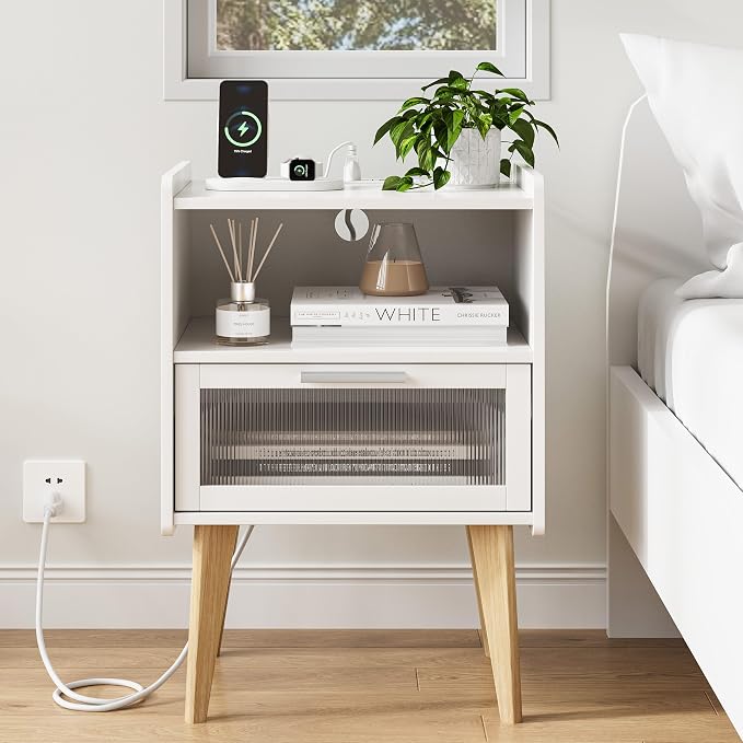 MMEOLUOOK Nightstand with Charging Station, Bedside Tables, End Table Side Table with 2 Tiers Storage Space, for Bedroom, Living Room, White MLBZ07WE-2