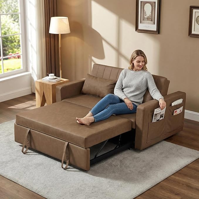55'' Leather Sofa Bed, Pull Out Sleeper Sofa Couch Bed, Loveseat Sleeper, Futon Sofa Couch with Side Pocket, Convertible Sofa Bed for Living Room, Apartment, Bedroom, RV, Brown
