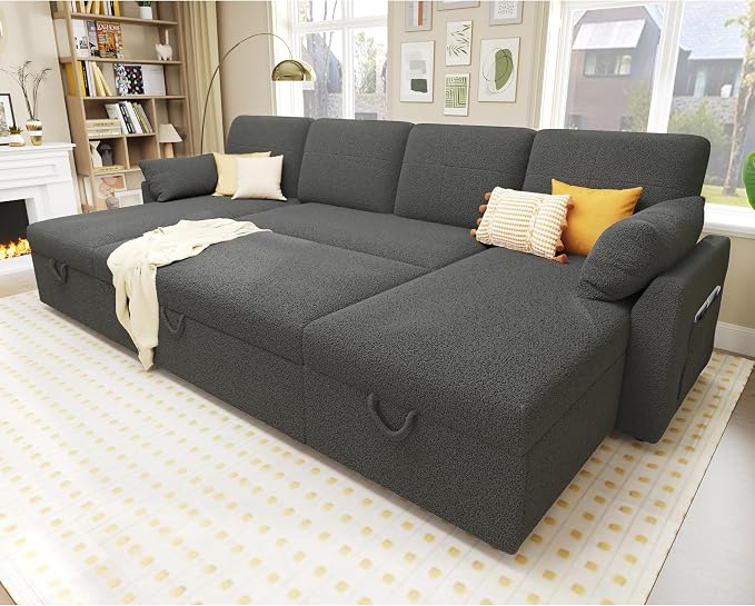 PaPaJet 110 Inch Sleeper Sofa, Oversized Pull Out Couch with Double Storage Chaise，U Shape Couches for Living Room-Dark Gray Boucle