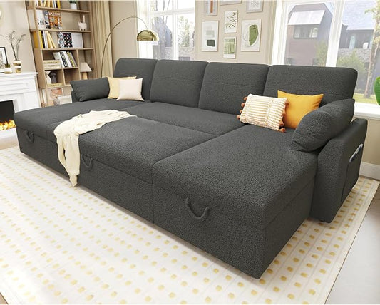 PaPaJet 110 Inch Sleeper Sofa, Oversized Pull Out Couch with Double Storage Chaise，U Shape Couches for Living Room-Dark Gray Boucle