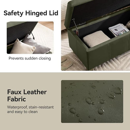 WUTUTUEE 51" Faux Leather Storage Ottoman, Stitch Tufted Rectangle Upholstered End of Bed Storage Bench, Entryway Large Couch Ottoman with Wooden Legs,Green