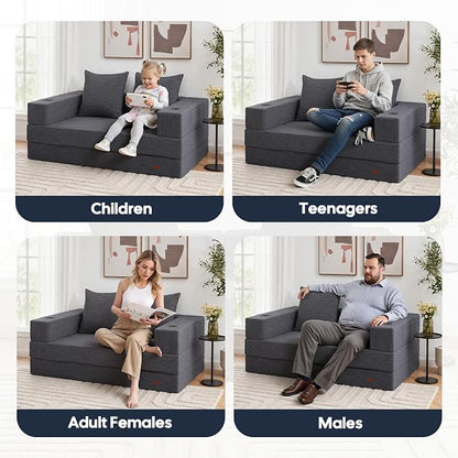 COMAX Futon Sofa Bed, Convertible Sofa Bed, Folding Boneless Couches | Boneless Couch for living room, 4‑in‑1 Fold Out Small Foldable Loveseat Floor Sleeper Mattress Lounge Space‑Saving, Grey