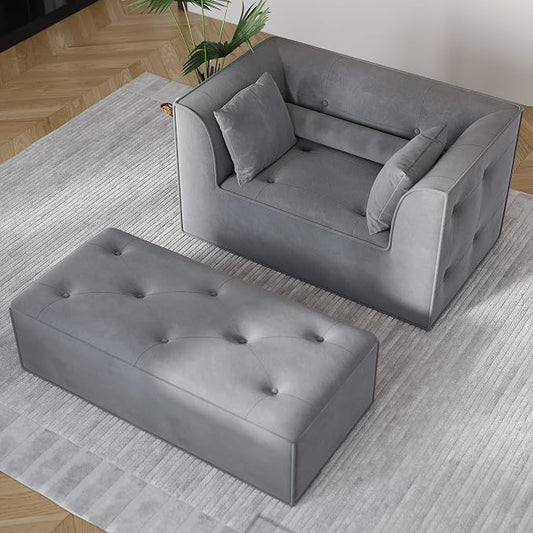 Claiks 62" Chaise Lounge Chair Indoor,Oversized Chaise Lounge for Living Room, Upholstered Boneless Chair Bed with Ottoman, Armrest and Pillows, Indoor Cloud Couch, Dark Gray