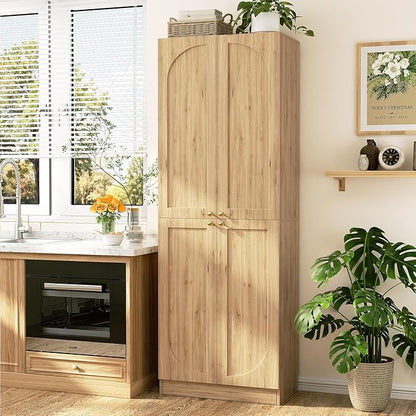 Cyclysio 80" Kitchen Pantry, Extra Tall Arch Storage Cabinet with 8 Soft Close Doors and Adjustable Shelves, Freestanding Wood Cupboard with Seamless Fit Wall for Dining Living Room Bathroom Furniture