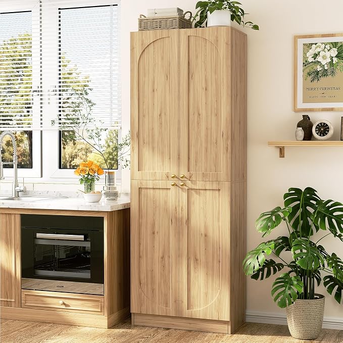 Cyclysio 80" Kitchen Pantry, Extra Tall Arch Storage Cabinet with 4 Soft Close Doors and Adjustable Shelves, Freestanding Wood Cupboard with Seamless Fit Wall for Dining Living Room Bathroom Furniture