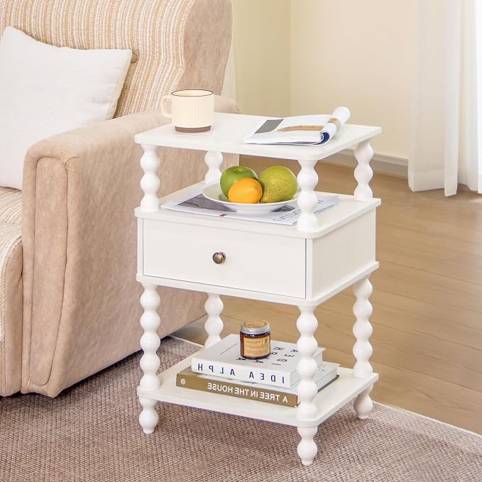 AWASEN White Nightstand, Bed Side Table Bedroom with Drawer, 3-Tier Small Night Stand End Table with Storage for Small Spaces &Solid Wood Spindle Legs, White