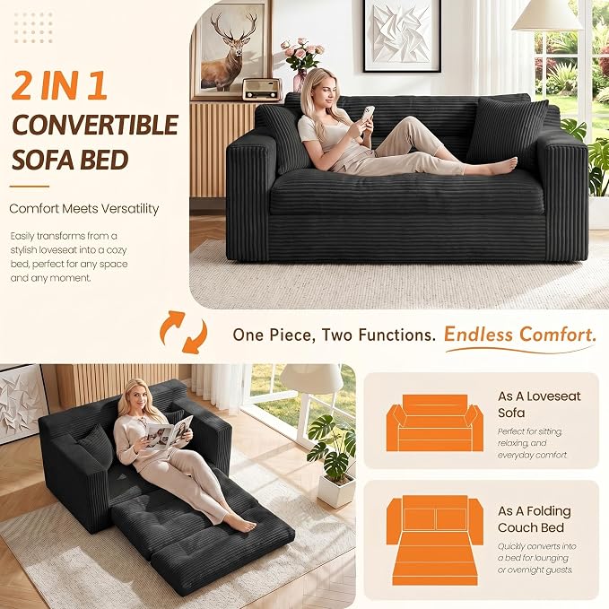 Erament Boneless Loveseat Sofa Couch, 2 in 1 Convertible Sofa Bed with Pillows, Fold Out Bean Bag Chair Boneless Floor Couch for Living Room Bedroom Office Lounge Apartment, No Assembly Needed, Black