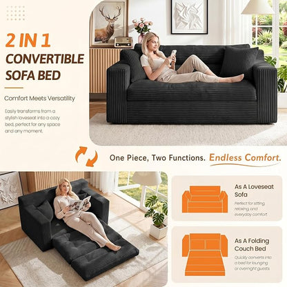 Erament Boneless Loveseat Sofa Couch, 2 in 1 Convertible Sofa Bed with Pillows, Fold Out Bean Bag Chair Boneless Floor Couch for Living Room Bedroom Office Lounge Apartment, No Assembly Needed, Black