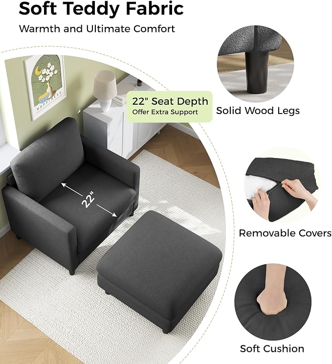 Welzona Sofa Accent Chair with Ottoman, 33" Reading Chair and Ottoman Set for Bedroom, Tool-Free Setup Living Room Accent Chairs, Comfy Arm Chairs Living Room, All-Wood Reading Nook, Grey