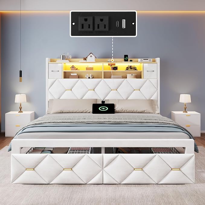 DWVO Queen Size Bed Frame with 2 Storage Drawers and Storage Headboard, Upholstered Platform with Charging Station and LED Light, No Box Spring Needed, Noise Free, Easy Assembly, Velvet White