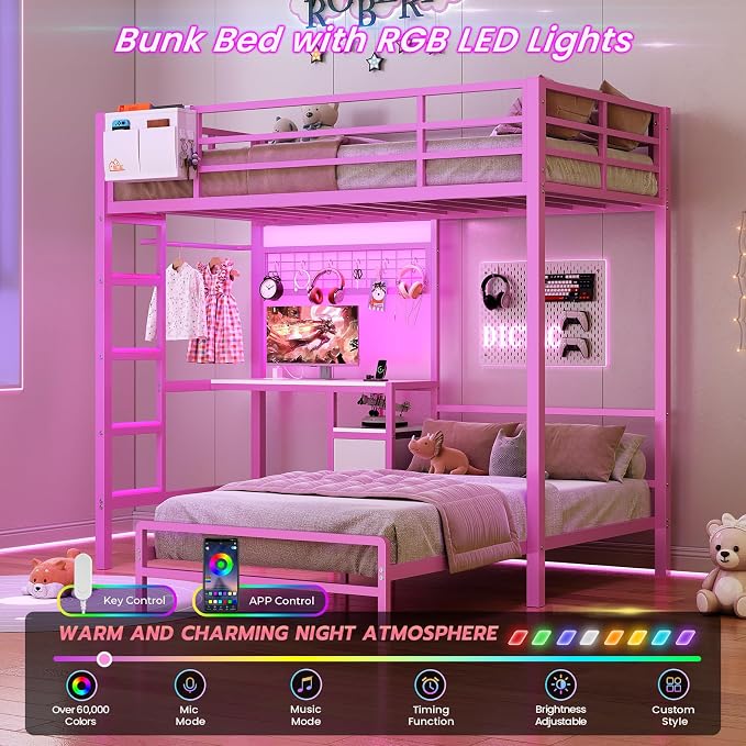 DICTAC Bunk Bed Twin Over Twin with Desk and Storage Metal L-Shaped Bunk Beds with Led Lights & Charging Station,Pink bunk Beds for Kids with Safety Guardrail and Ladder,Girls Bed,No Box Spring Needed