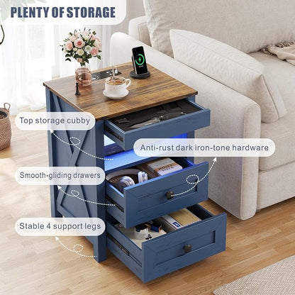 TAGELIER Farmhous Nightstand with Gun Drawer,Bedside Table with Charging Station, Gun Night Stand with LED Light & Human Sensor,Smart End Table for Bedroom, Blue