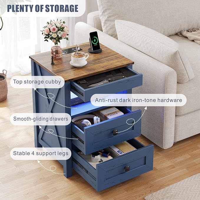TAGELIER Night Stand Set 2 with Gun Drawer, Farmhouse Bedside Table with Charging Station, Gun Nightstand with LED Light & Human Sensor, Smart End Table for Bedroom, Blue