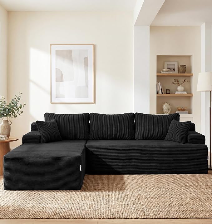 Hobestluk Modular Sectional Sofa Couches L-Shape Couch 3 Seat Modular Sofa Memory Foam Sectional Couches for Living Room, Cloud Couch with Oversized Chaise (Black Corduroy, 96", Left Hand Facing)