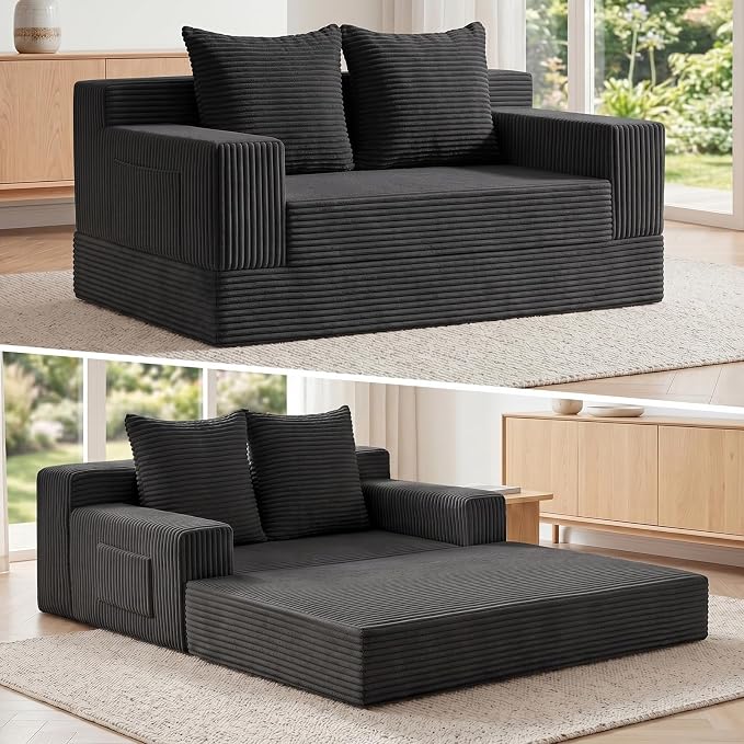 Boneless Loveseat Small Couch Bed, Futon Sleeper Sofa Bed,Convertible Pull Out Couch with 2 Pillows,Corduroy Folding Floor Couch for Living Room,No Assembly Required,Black