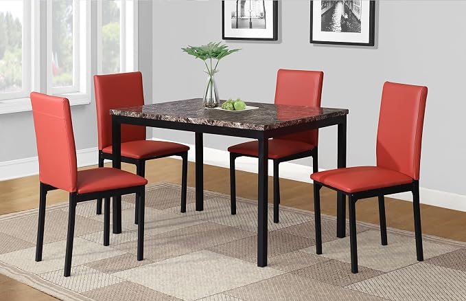 Roundhill Furniture 5 Piece Citico Metal Dinette Set with Laminated Faux Marble Top - Red