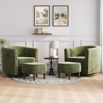 Swivel Accent Chair with Storage Ottoman Set of 2, Small Modern Velvet Barrel Chair, Upholstered Armchair with Footrest for Living Room/Reading/Bedroom, 24.8'' D x 25.38'' W x 25.6'' H, Green
