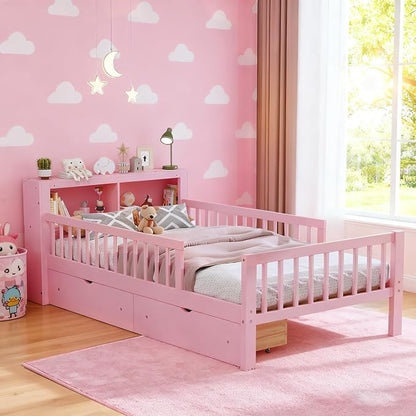 Bellemave Kids Twin Platform Bed with 2 Drawers & Storage Headboard, Kids Twin Bed Frame with 3-Side Guardrails for Girls Boys, Pink