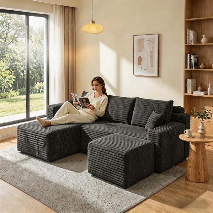 JINGLING 94" U Shaped Boneless Sectional Couch Set for Living Room, Plush Corduroy Modular Sofa with Ottoman, Small Space Apartment Couch, No Assembly, Left Facing Chaise, Dark Grey