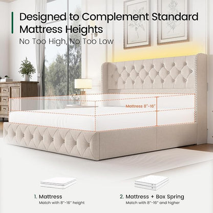 LARMACE King Size Bed Frame with LED Lights and 4 Storage Drawers Linen Upholstered Platform Bed Frame with 47.2" Tall Tufted Headboard Wingback, No Box Spring Needed, Easy to Assemble, Beige