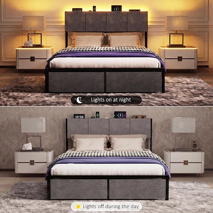 J.Fkne Queen Bed Frame with Charging Station and LED Lights, Metal Platform Bed with 2 Storage Drawers, Upholstered Headboard, Noise Free, No Box Spring Needed, Easy Assembly
