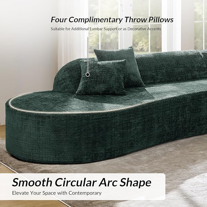 141.75" Modern Curved Compressed Sofa, All-Foam Cloud Couches with 4 Pillows, No Assembly Required Boneless Sectional Sofas, Large Floor Couch for Living Room, Olive