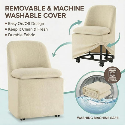 KISLOT Upholstered Dining Chairs with Casters, Washable Cover Modern Dining Room Chairs with Thick Cushion & Sturdy Metal Frame for Kitchen, Living Room, Dressing Room, Sand Fabric, Set of 2