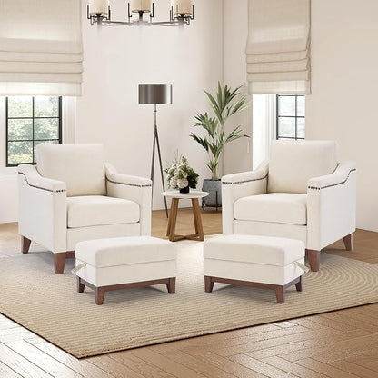 HAOMARKETS 4 Piece Fabric Sofa Set with Nailhead Trim, Included 2 Comfy Accent Chair with Thicked Cushion and 2 Upholstered Storage Ottoman with Flip-Top Table, Living Room Furniture Set,Beige