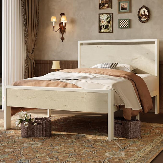 SHA CERLIN 14 Inch Twin Metal Platform Bed Frame with Wooden Headboard and Footboard, No Box Spring Needed, Large Under Bed Storage, Heavy Duty Slats Support, White Washed Oak