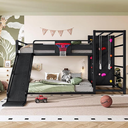 Bellemave Full Over Full Bunk Bed with Basketball Hoop, Pull-up Rings and Climbing Wall, Low Profile Bunk Bed with Slide and Bookcase, Heavy Duty Bunk Beds with Guardrail, Metal Black