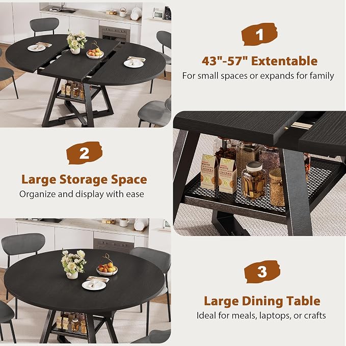 Expandable Kitchen Dining Table for 4-6, Oval Round Dining Table with Storage Shelf and Removable Extension Leaf, Space Saving Pedestal Table for Dining Room, Modern Industrial Style (Black)