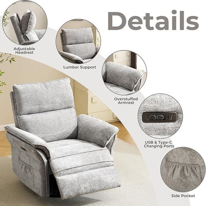 Oversized Power Recliner Chair Swivel Glider with Massage and Heat, Rocker Nursery Recliner for Adults with Adjustable Headrest, 24" Extra Wide Nursery Chair with Overstuffed Armrest,Light Grey