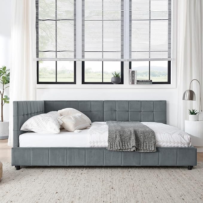 KEIKI Full Size L Shape Corner Bed Frames with Backrest and Armrests, Velvet Upholstered Sofa Daybed for Small Room, Living Room, Bedroom, Guest Room, Kids' Room