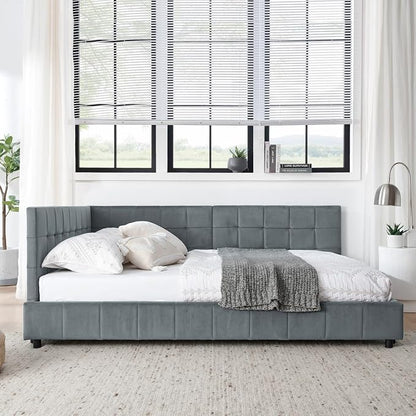 KEIKI Full Size L Shape Corner Bed Frames with Backrest and Armrests, Velvet Upholstered Sofa Daybed for Small Room, Living Room, Bedroom, Guest Room, Kids' Room