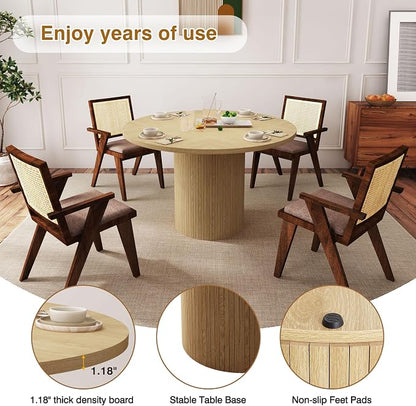 47 Inch Round Dining Table, Farmhouse Fluted Dining Kitchen Table, Modern Wood Small Circle Dining Table for Kitchen Living Room, Natural