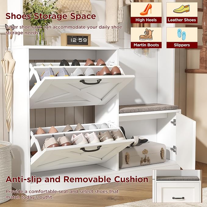 Maupvit Narrow Hall Tree with Shoes Storage, Entryway Bench with Coat Rack and Led Lights, 78" Tall Hall Tree with 9 Coat Hooks, 2 Shoe Storage Cubbies & Umbrella Hooks for Mudroom, Hallway