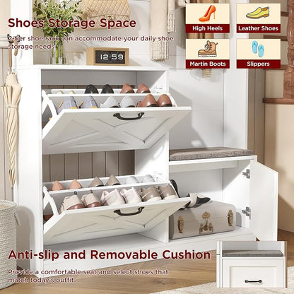 Maupvit Narrow Hall Tree with Shoes Storage, Entryway Bench with Coat Rack and Led Lights, 78" Tall Hall Tree with 9 Coat Hooks, 2 Shoe Storage Cubbies & Umbrella Hooks for Mudroom, Hallway
