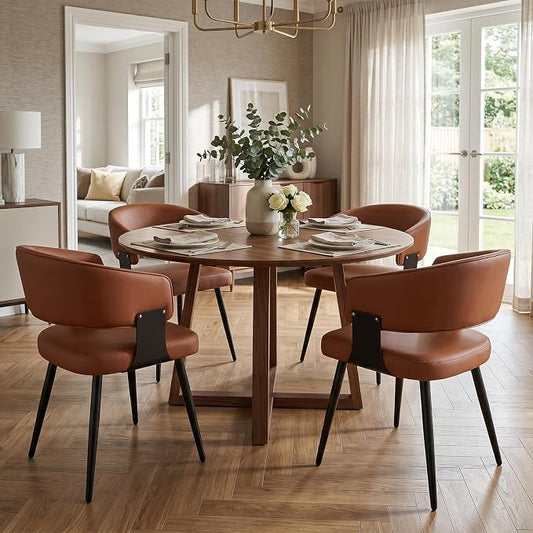 Dining Chairs Set of 4, Modern Upholstered PU Leather Kitchen & Dining Room Chairs with Curved Open Back Metal Legs, Kitchen Chairs for Dining Room Restaurant (Brown, Set of 4)