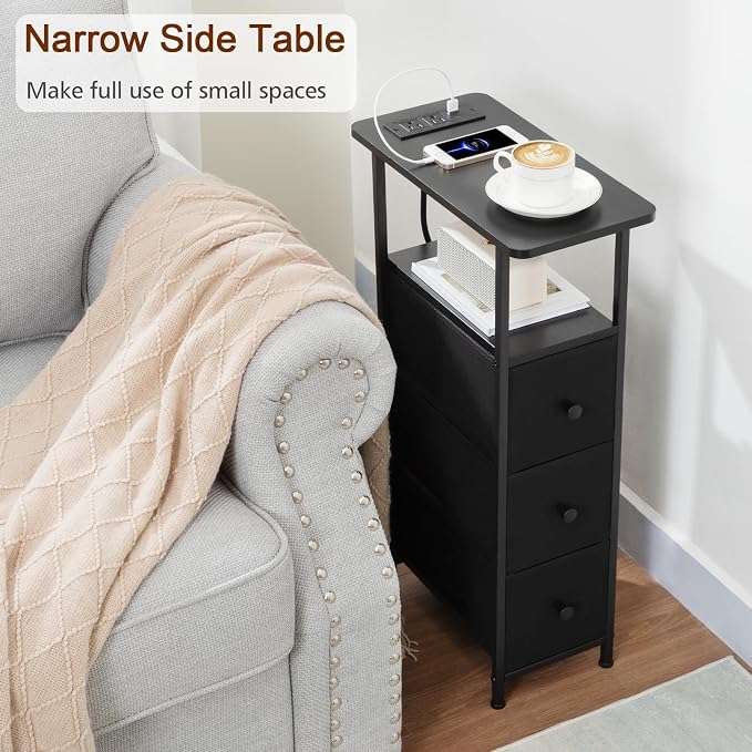 LOAKEKEL Narrow End Tables Living Room Set of 2 with Charging Station, Skinny Side Table with Fabric Drawers, Slim Nightstand for Bedroom, Small Spaces, Couch, Black, HETNDP03BK