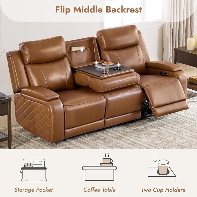 Watson & Whitely Genuine Leather Power Recliner Sofa, 3 Seater Zero Gravity Reclining Couch with Power Headrest & Flip Middle Backrest Table, Hidden Storage, Cup Holders for Living Room, Saddle Brown