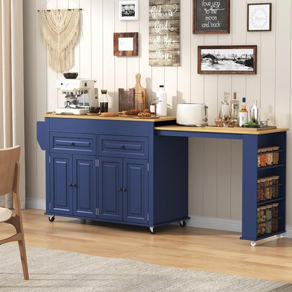 80"-48" Extendable Kitchen Island with Extended Dining Table and Power Outlet,Large Mobile Kitchen Storage Islands with 2 Storage Drawers,Rolling Islands Cart with 3 Extra Rows Open Shelves(Blue)
