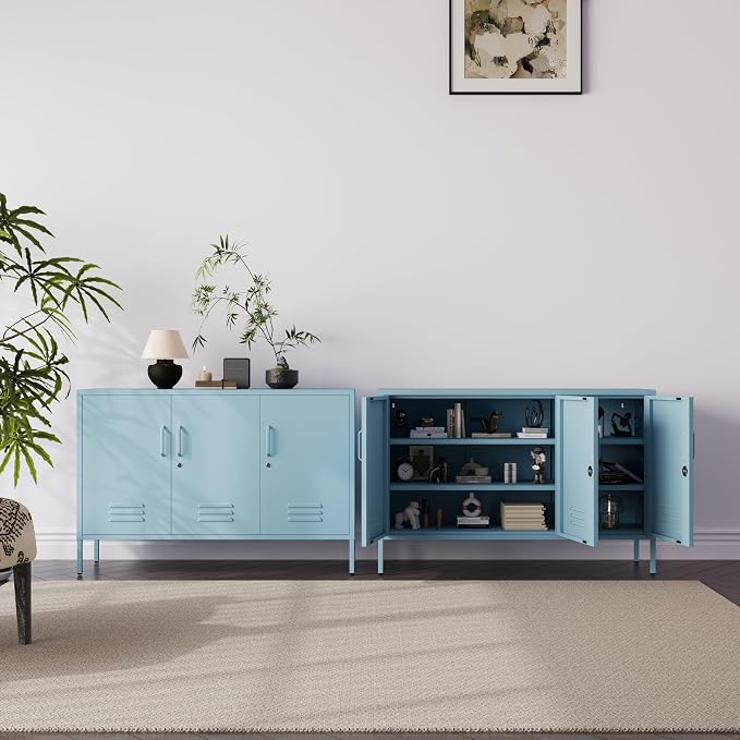 32" Wide 3-Door Lockable Metal Storage Cabinet with Accent Cabinet Locker, Heavy Duty Home Tool Cabinet, 2 Removable Shelves & Easy Assembly, for Home, Office, Entryway and Hallway Blue