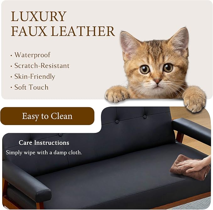 STHOUYN 50”W Black Faux Leather Small Office Couch Loveseat Sofa with Wood Arms, Mid Century Modern Love Seat Sofas Lounge Armchair Living Room Bedroom (Black (loveseat))