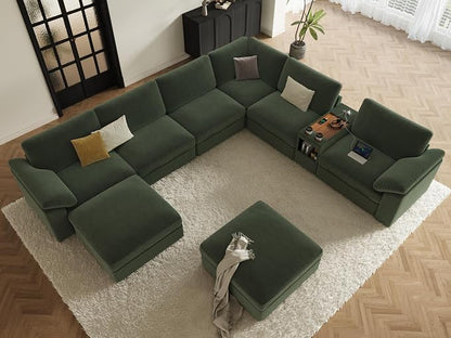 EASE MOOSE Oversized Sectional Modular Sofa with Console,Comfty Deep Seat Modular Cloud Couch,Large v Shape Sectional Couch Removable Cover,Green