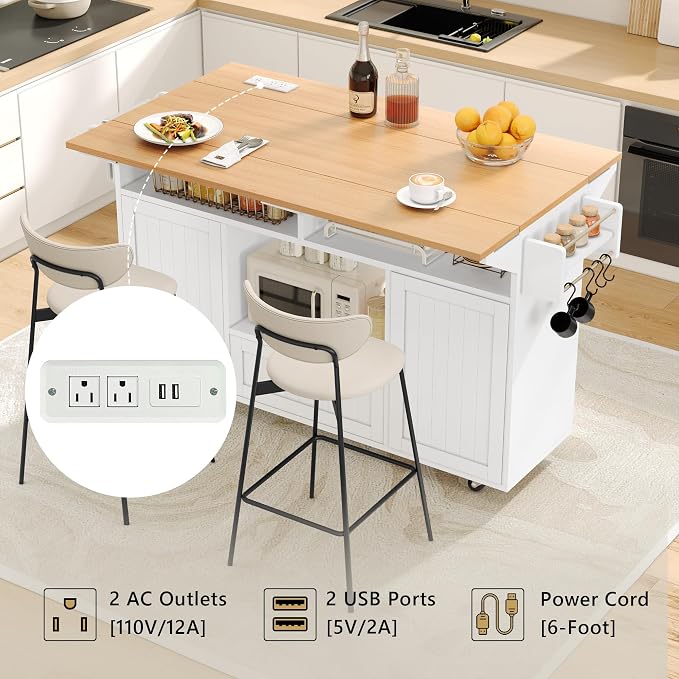 Einhomn 65" Kitchen Island with Power Outlet & Drop Leaf, Island Table for Kitchen with Trash Can Storage, Mobile Rolling Kitchen Islands on Wheels with Spice Rack, Towel Rack & 4 Side Hooks, White