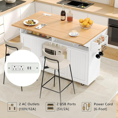 Einhomn 65" Kitchen Island with Power Outlet & Drop Leaf, Island Table for Kitchen with Trash Can Storage, Mobile Rolling Kitchen Islands on Wheels with Spice Rack, Towel Rack & 4 Side Hooks, White