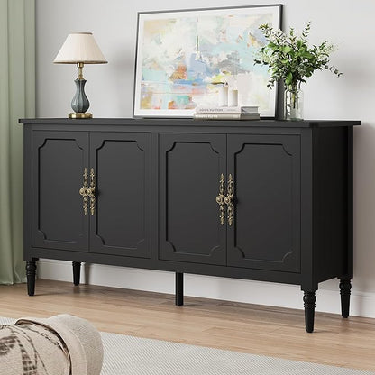 RoyalCraft Buffet Cabinet with Storage, 59" Vintage Sideboard with Adjustable Shelves, Mid Century Modern Painted Credenza Coffee Bar for Kitchen, Dining Room, Entryway, Living Room, Satin Black