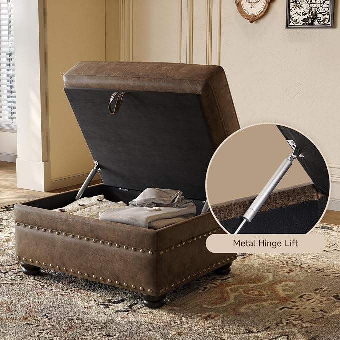 ONBRILL Faux Leather Ottoman with Storage, Rectangle Ottoman Coffee Table with Nailhead Trim, Solid Wood Legs, Oversized Upholstered Footrest Stool for Living Room, Bedroom, Apartment, Brown